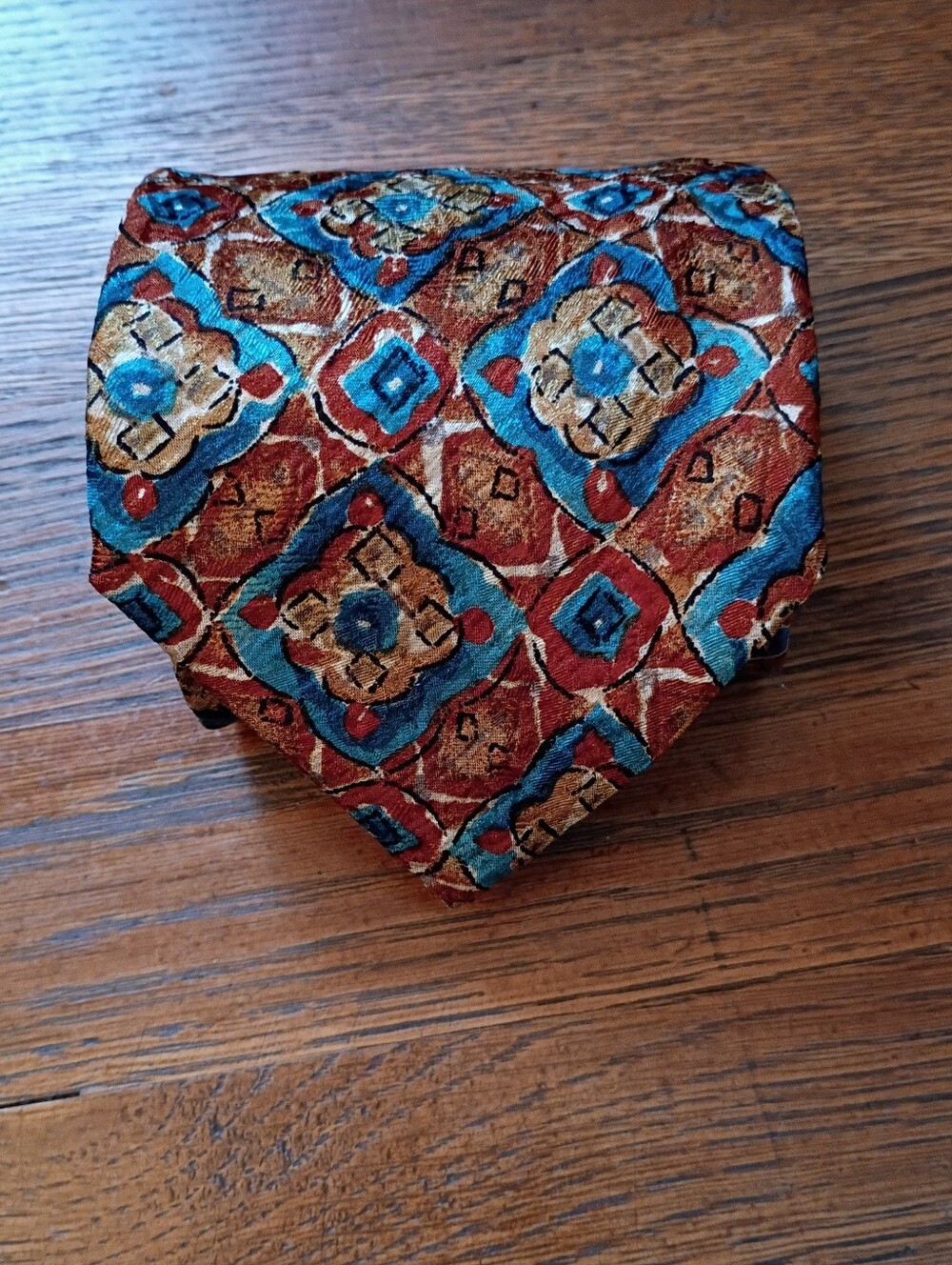 Joseph Abboud Vintage Abstract Geometric Medallion Silk Tie Rust, Teal, Gold NWT